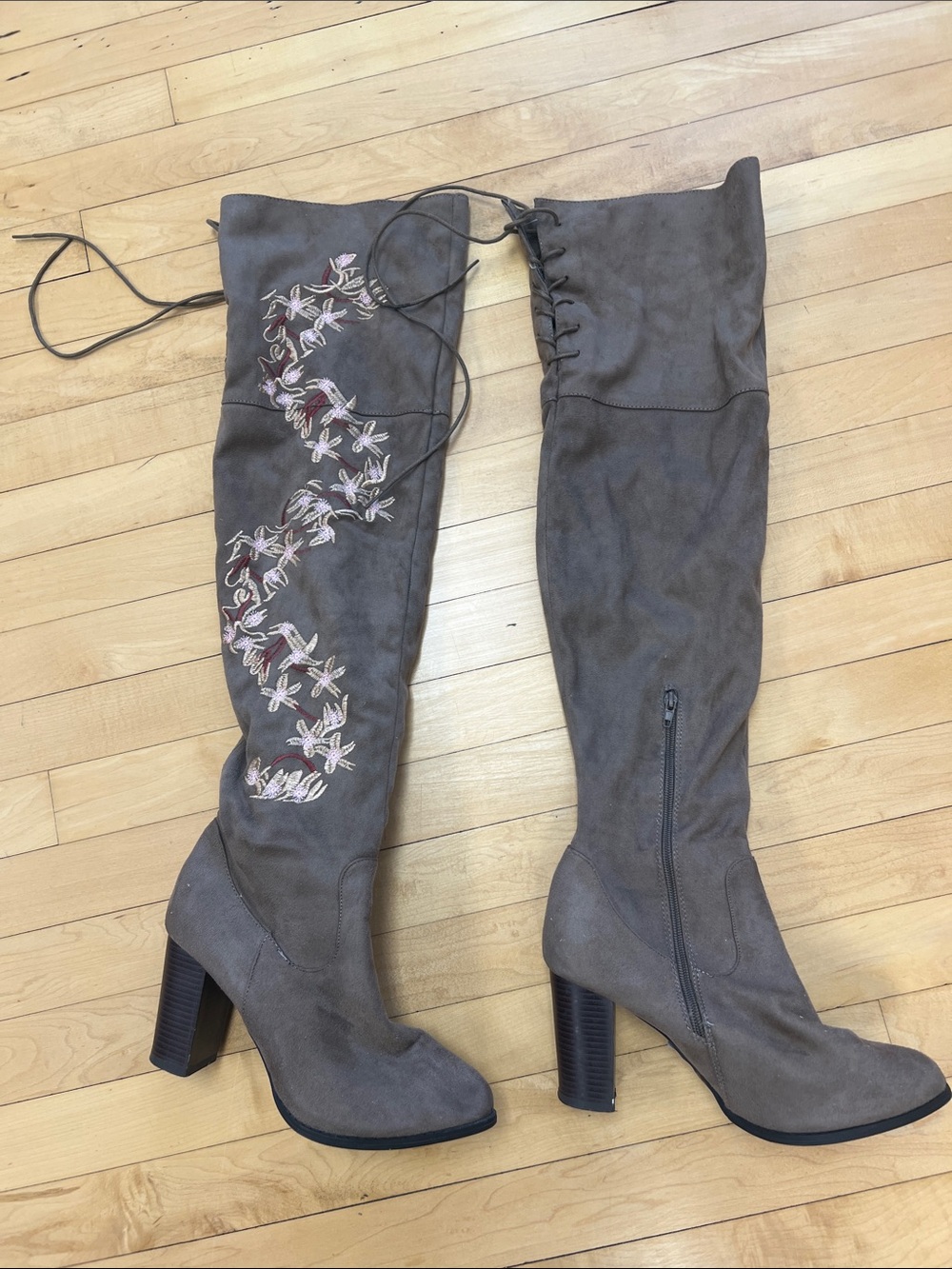 Qupid Taupe Over-the-Knee Embroidered Lace-Up Block Heel Boots